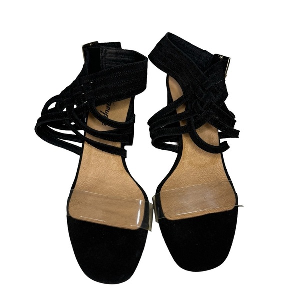 Free People Lina Block Heels Black Suede Ankle Strap Event Cocktail Size 38 - Picture 2 of 9